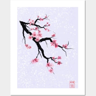 Pretty sumi-e cherry blossoms on a purple background Posters and Art